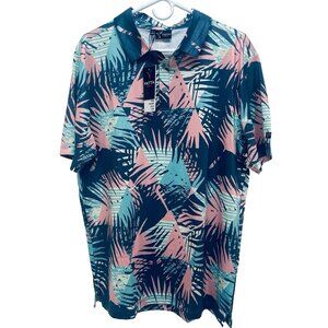 Yatta Men’s Golf Polo Shirt SZ L Blue Pink Floral Hawaiian Performance Stretch